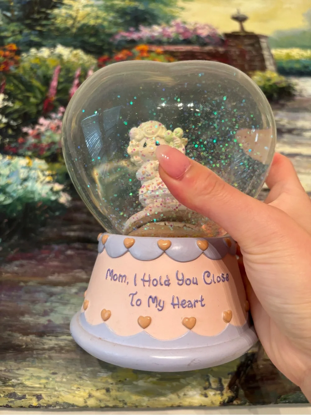 Heart Snow Globe with Pink Base - Mom I Hold You Close To My Heart Music Box